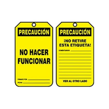 Accuform Spanish Safety Tags, CAUTION DO NOT OPERATE, 5.75in x 3.25in, RP-Plastic, 5PK SHMDT621PTM